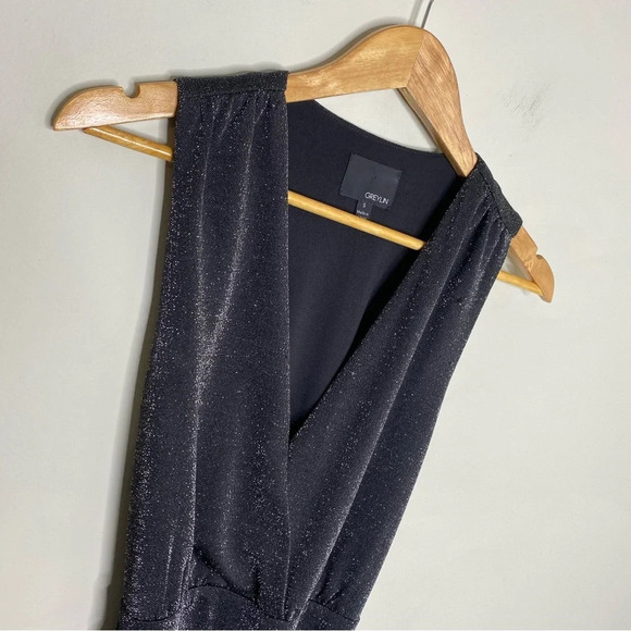 Anthropologie Greylin Black Shimmer Glitter Plunge Neck Wide Leg Jumpsuit Small - Picture 3 of 12